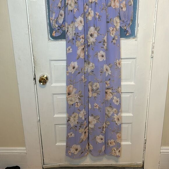 Privy Women’s light blue and cream floral ruffled long sleeve maxi dress medium - Picture 2 of 6